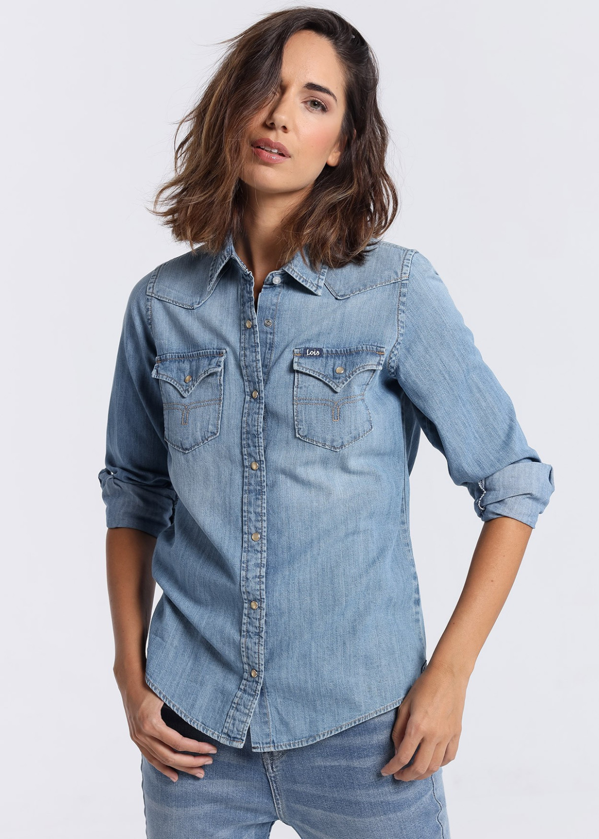 Camisa Denim manga larga bolsillos azul