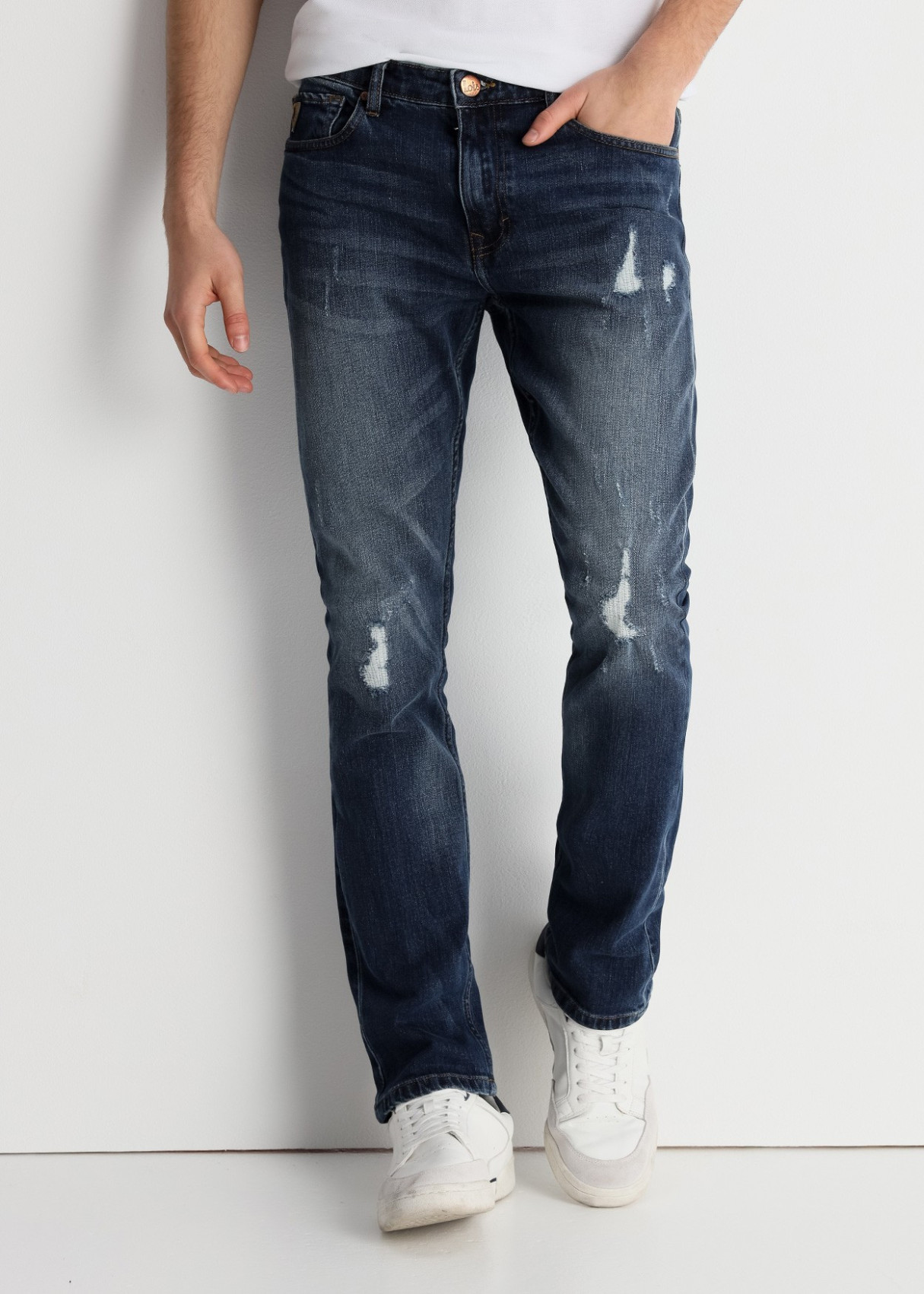 Vaqueros Slim Fit Tiro Medio Lavado Azul Oscuro