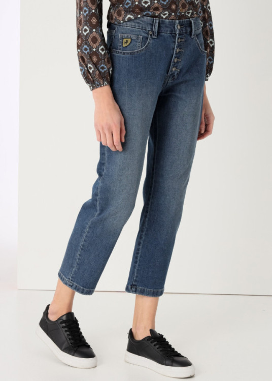 Jeans Straight Wide Crop Fit Tiro Medio Lavado Medio Azul