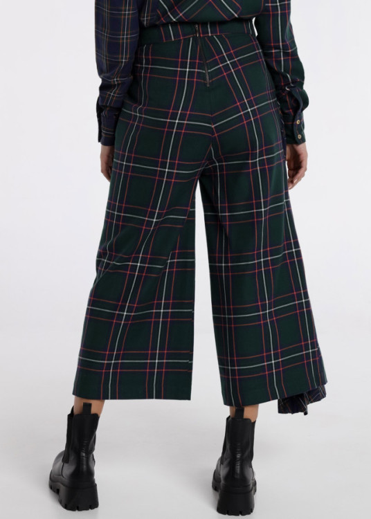 Pantalón tiro alto estampado cuadros detalle plisado verde botella