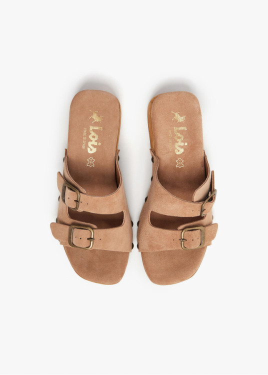 Sandalias piel tacón bajo madera marrón