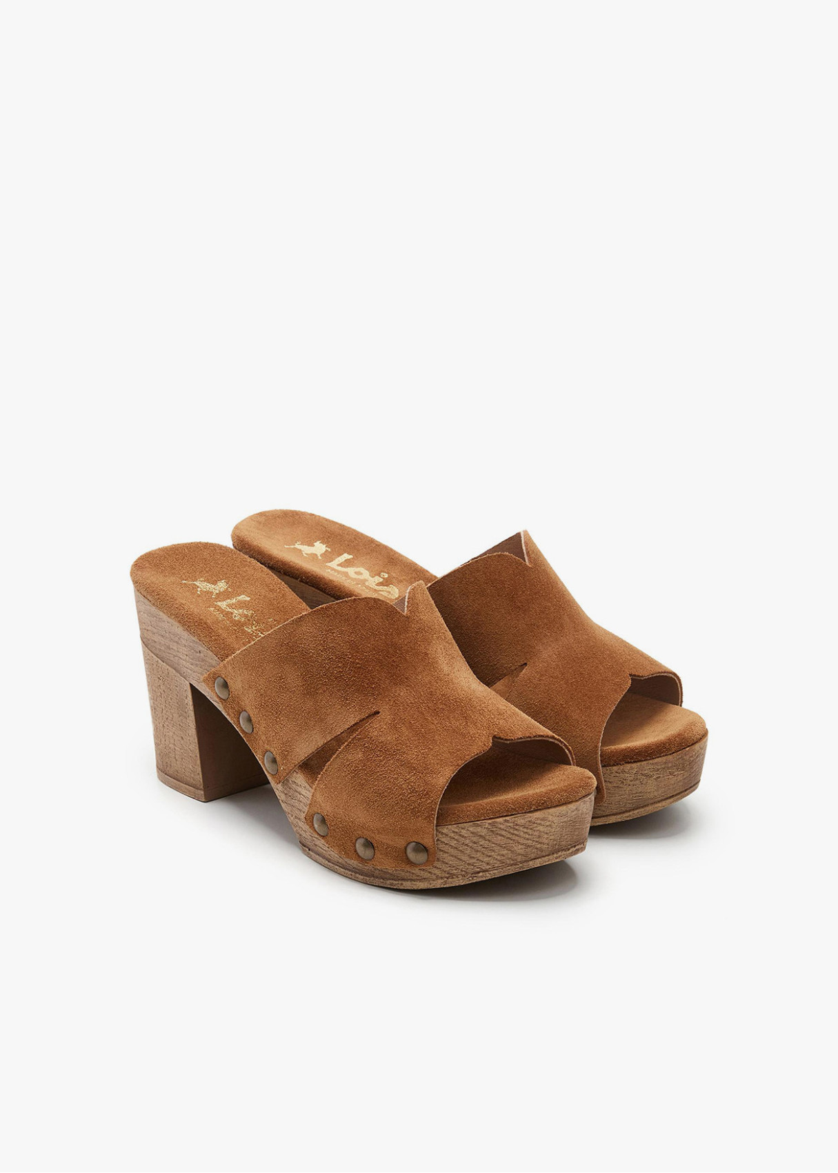 Sandalias piel zueco tacón madera marrón