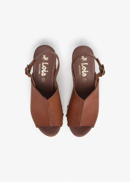 Sandalias piel zueco tacón madera tira al talón marrón