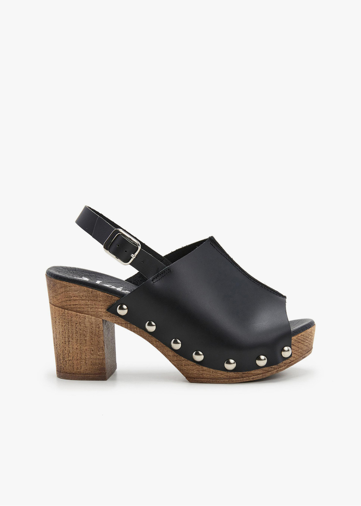 Sandalias piel zueco tacón madera negro