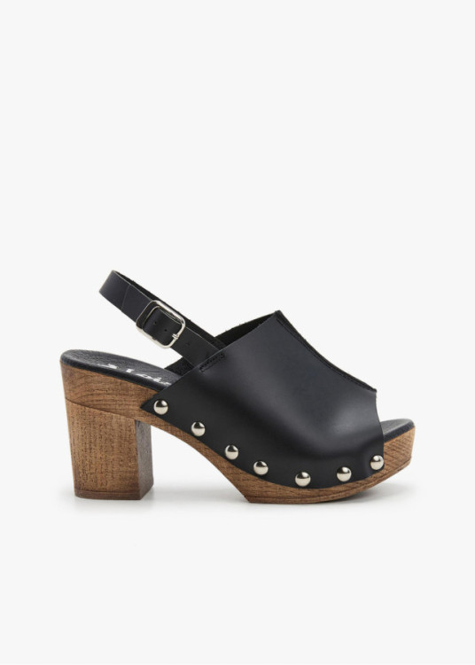 Sandalias piel zueco tacón madera negro