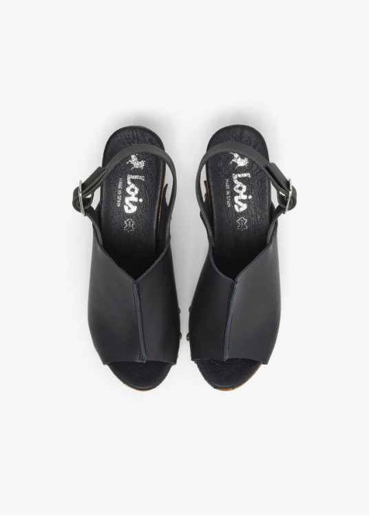 Sandalias piel zueco tacón madera negro