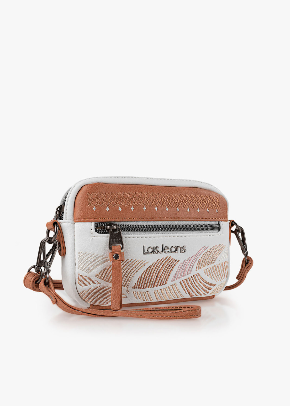 Bolso bandolera estampado bordado bolsillo frontal cremallera blanco