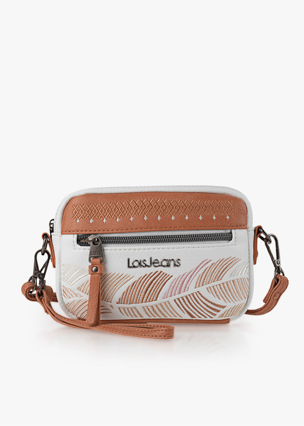 Bolso bandolera estampado bordado bolsillo frontal cremallera blanco