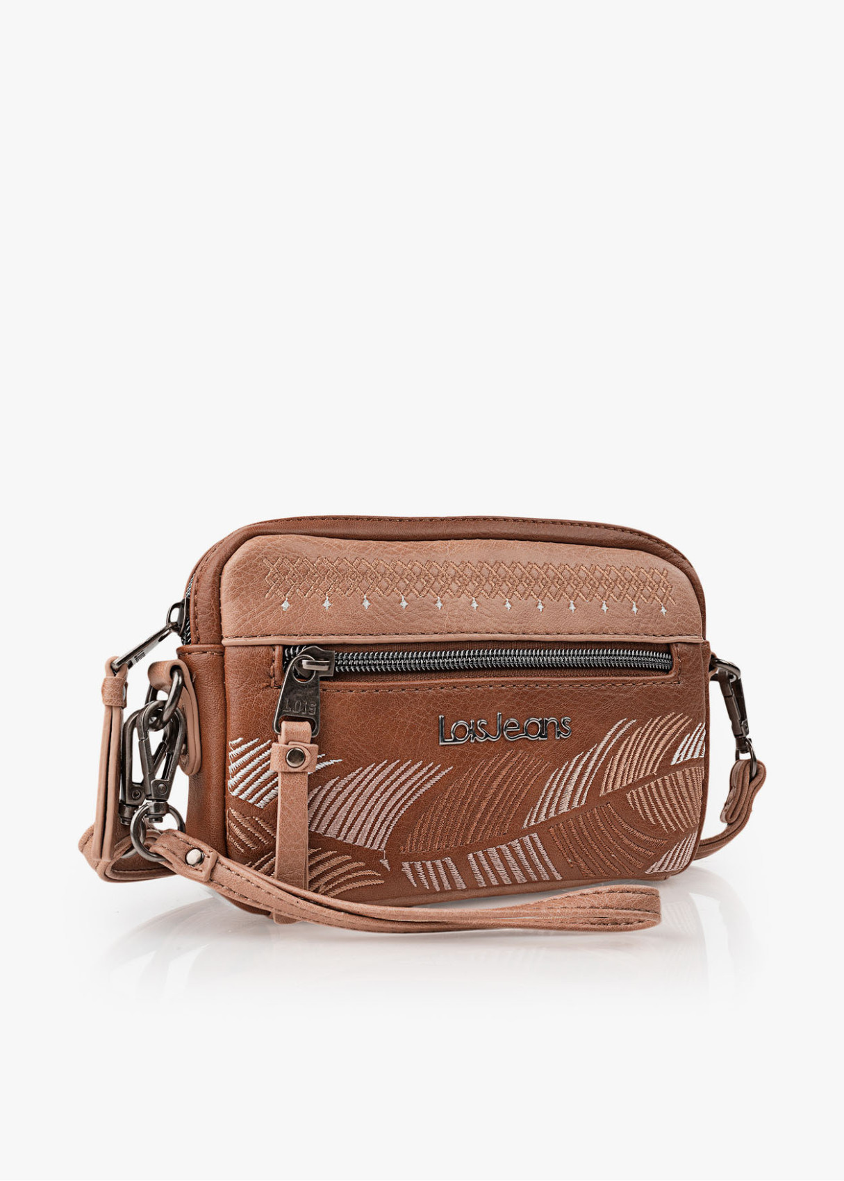 Bolso bandolera estampado bordado bolsillo frontal cremallera cuero