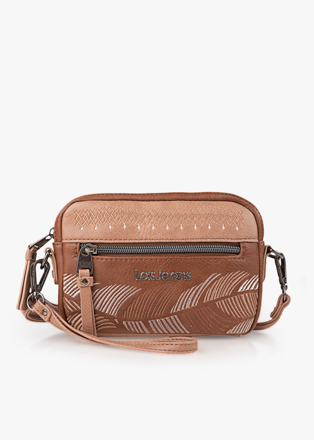 Bolso bandolera estampado bordado bolsillo frontal cremallera cuero