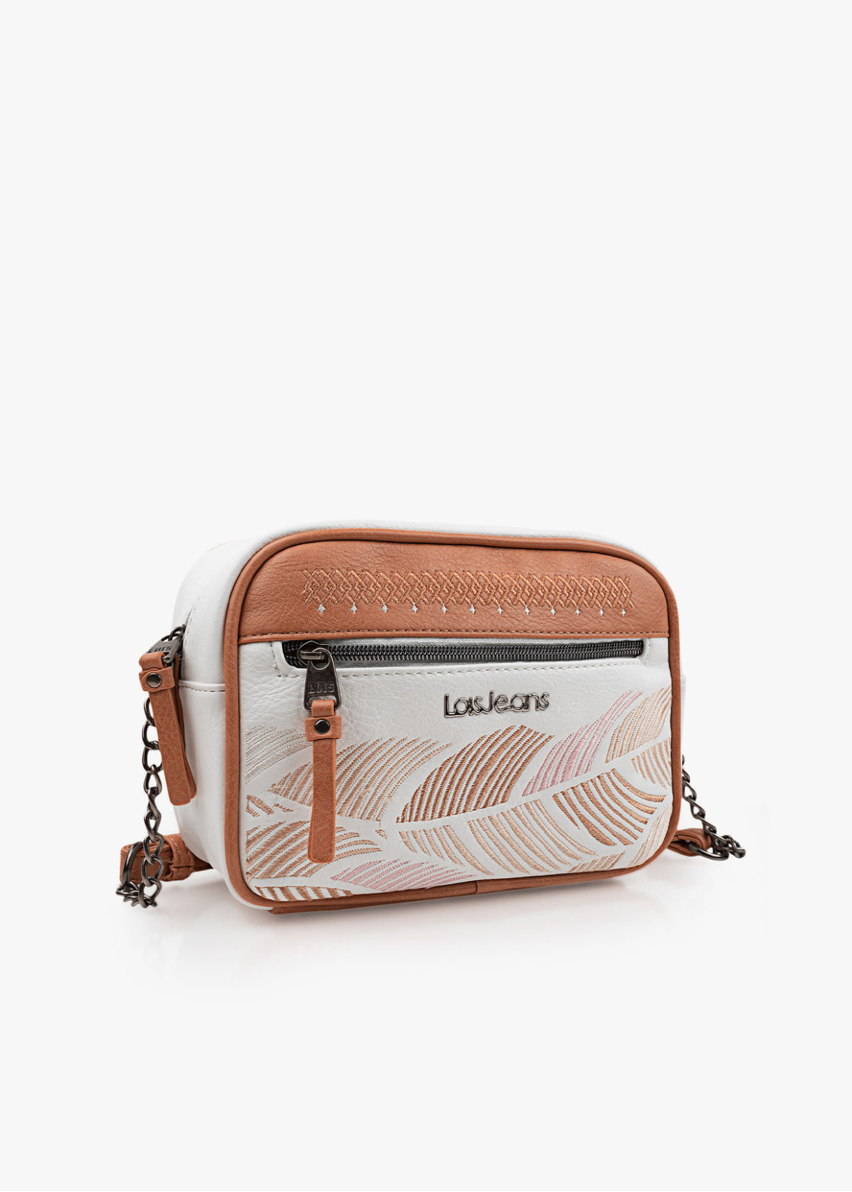 Bolso bandolera estampado bordado bolsillo frontal cremallera blanco