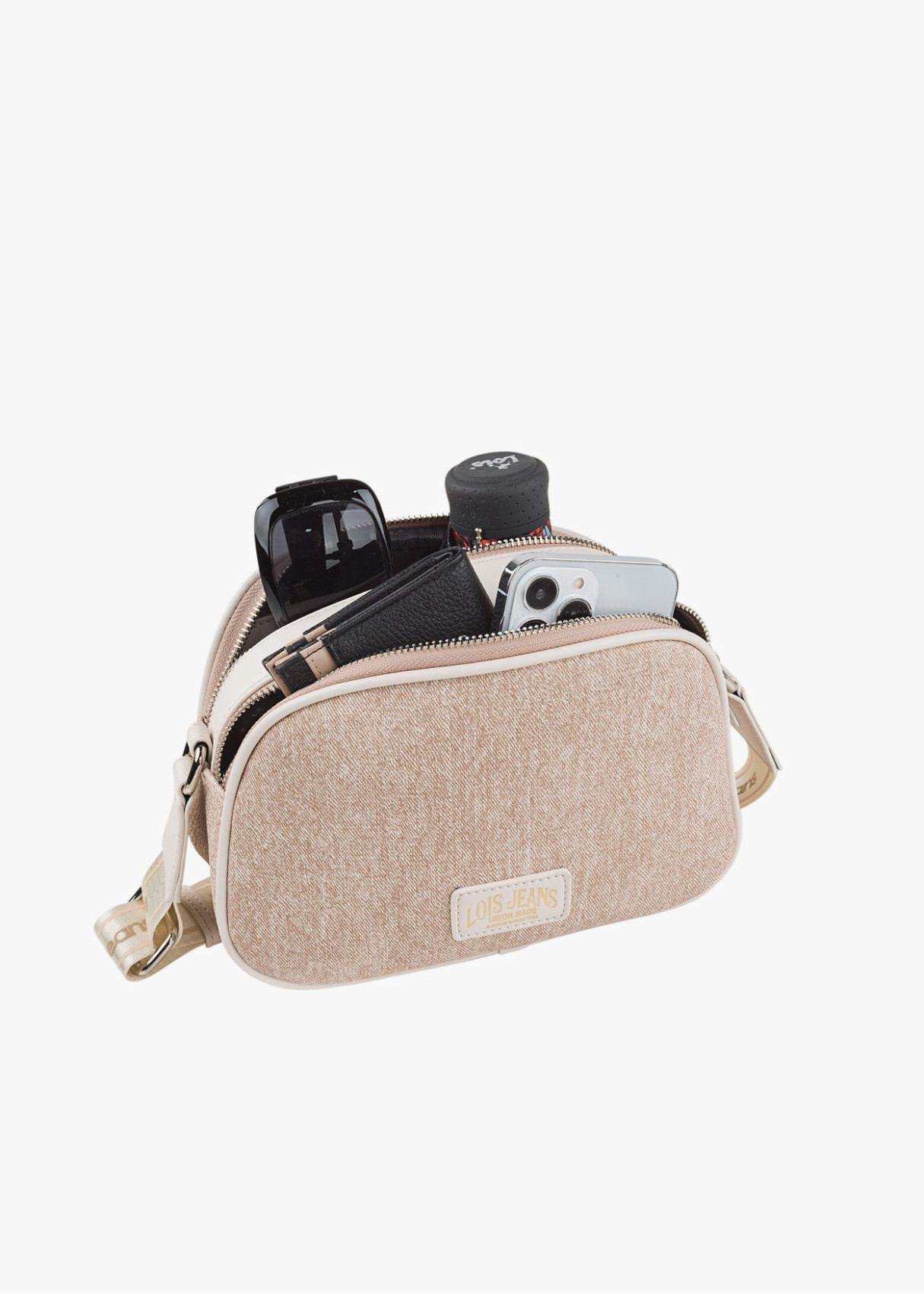 Bandolera ajustable logo frontal bolsillo trasero beige