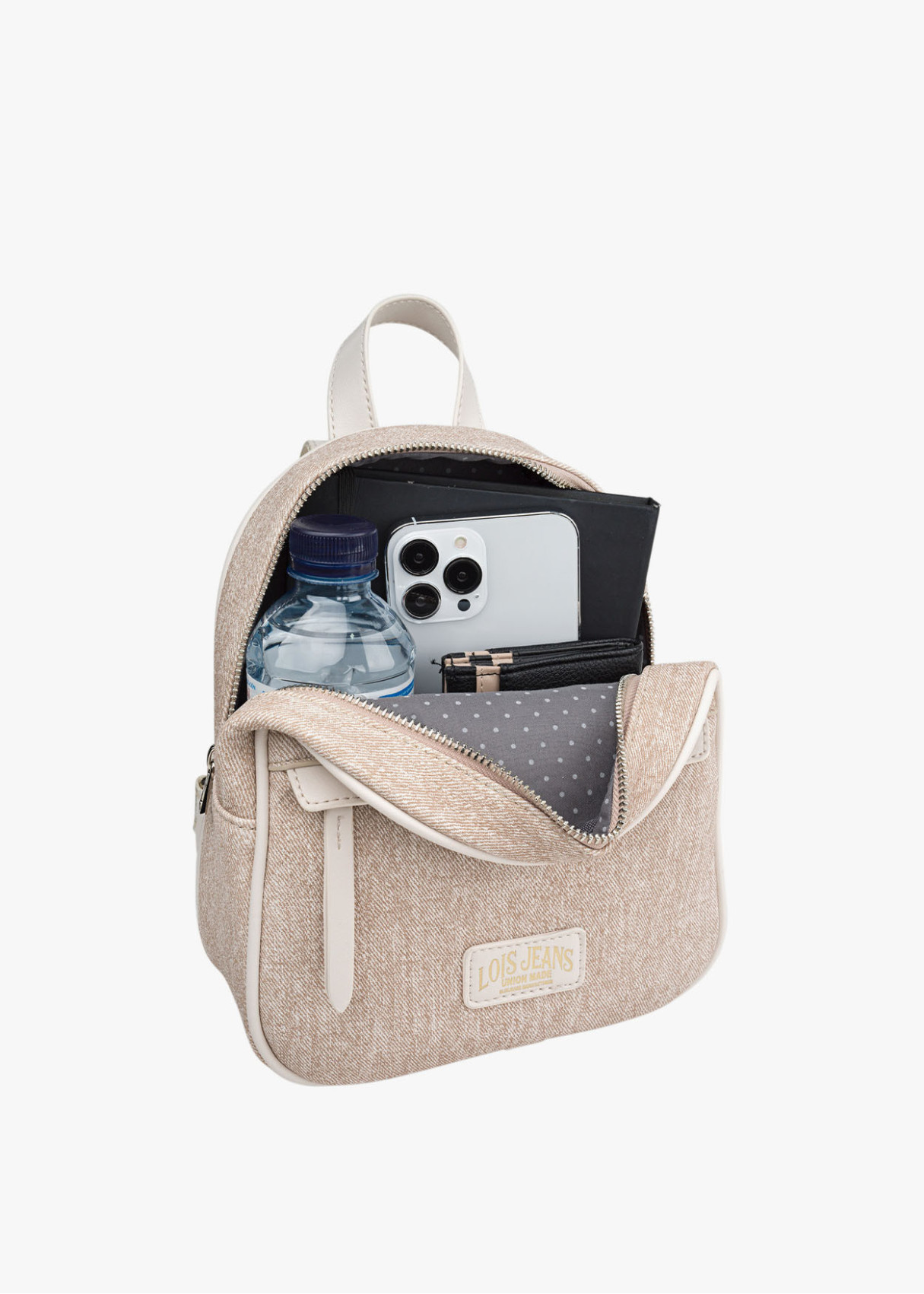 Mochila ajustable antirrobo bolsillo frontal cremallera beige
