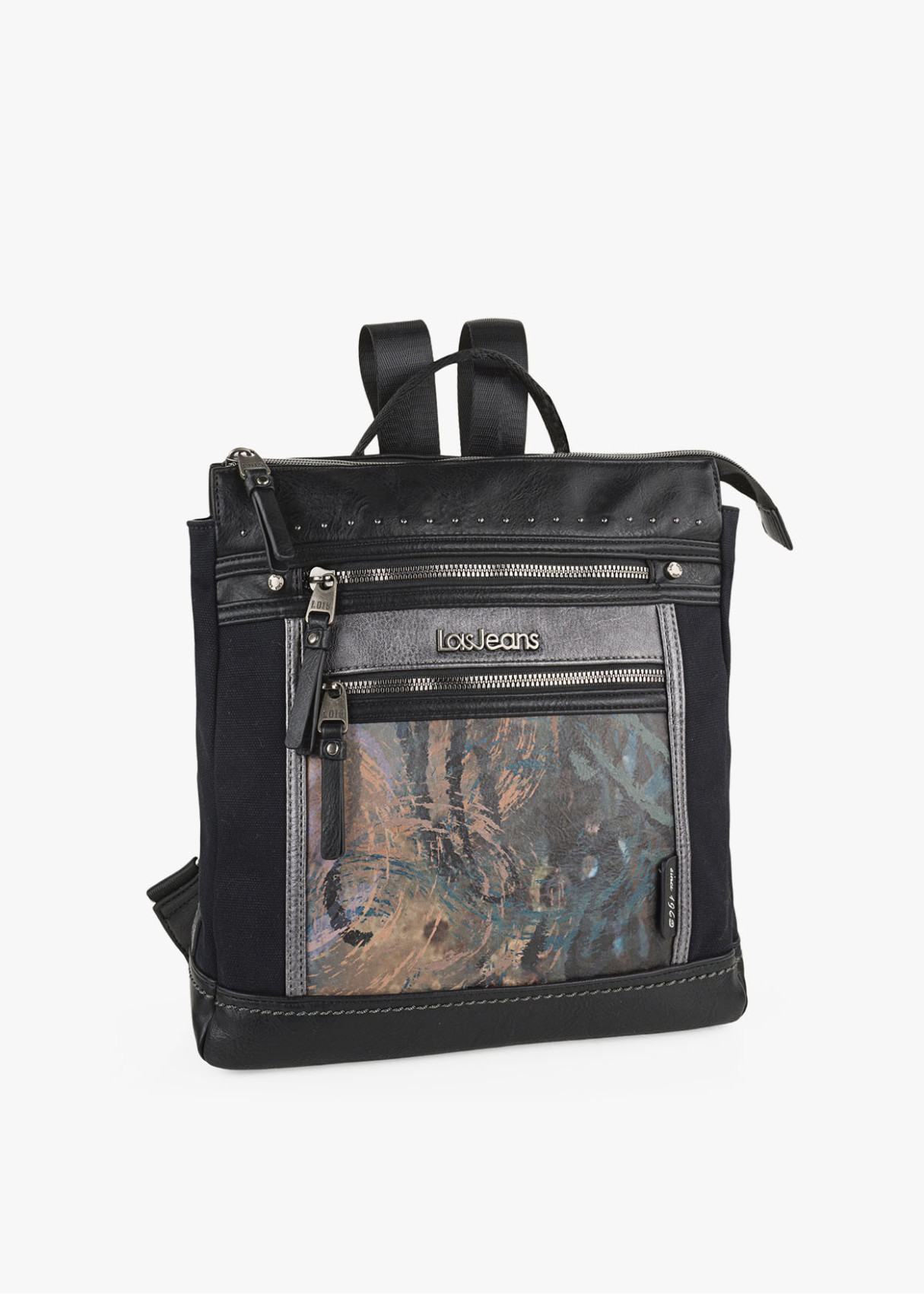 Mochila ajustable antirrobo estampado frontal con cremalleras negra
