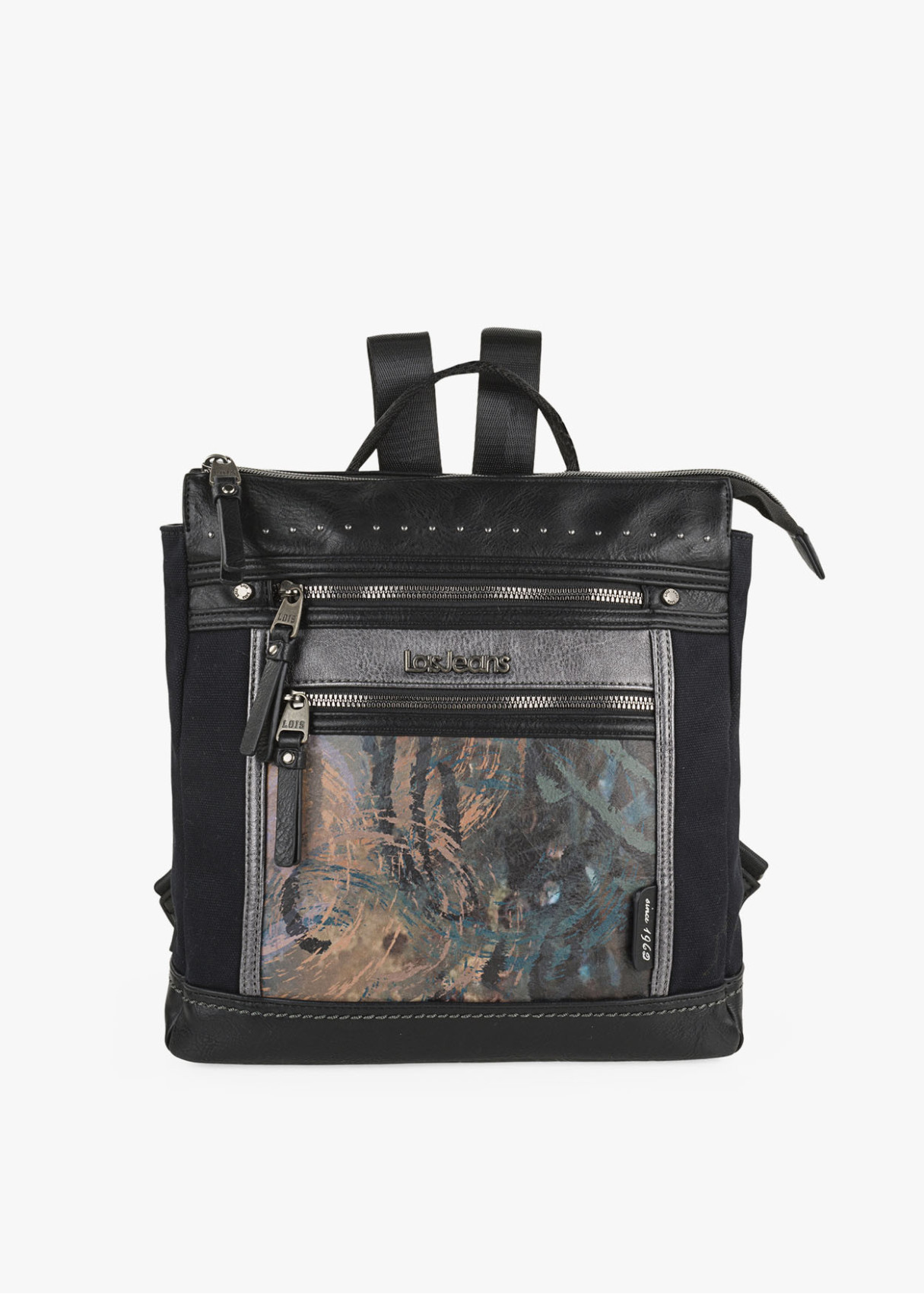 Mochila ajustable antirrobo estampado frontal con cremalleras negra