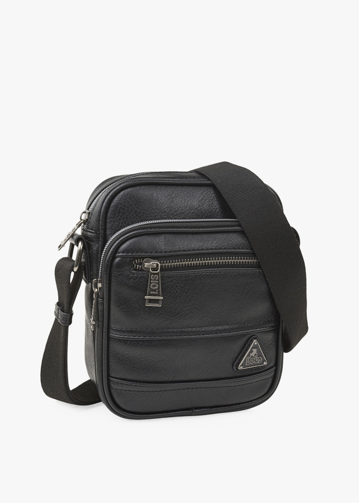 Bandolera Ajustable pequeña bolsillo frontal logo metálico negra