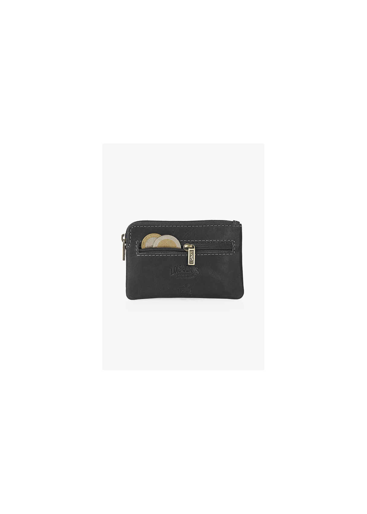 Monedero piel portamonedas pequeño bolsillos cremalleras negro