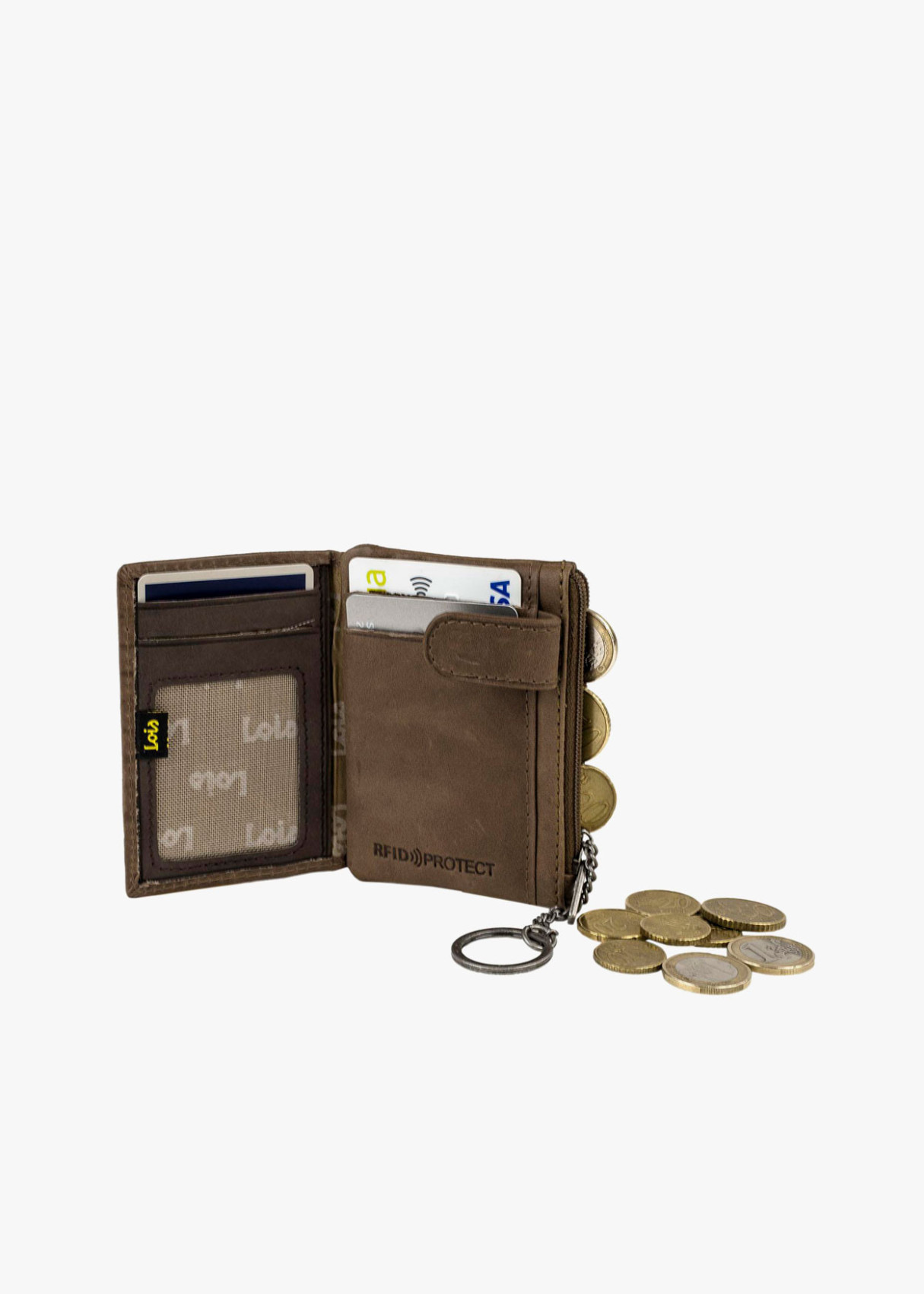 Conjunto De Cartera Billetera Con Monedero De Piel Con Protección De Seguridad RFID detalle textura marrón