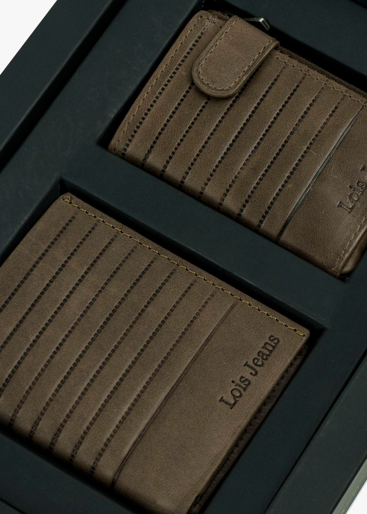 Conjunto De Cartera Billetera Con Monedero De Piel Con Protección De Seguridad RFID detalle textura marrón