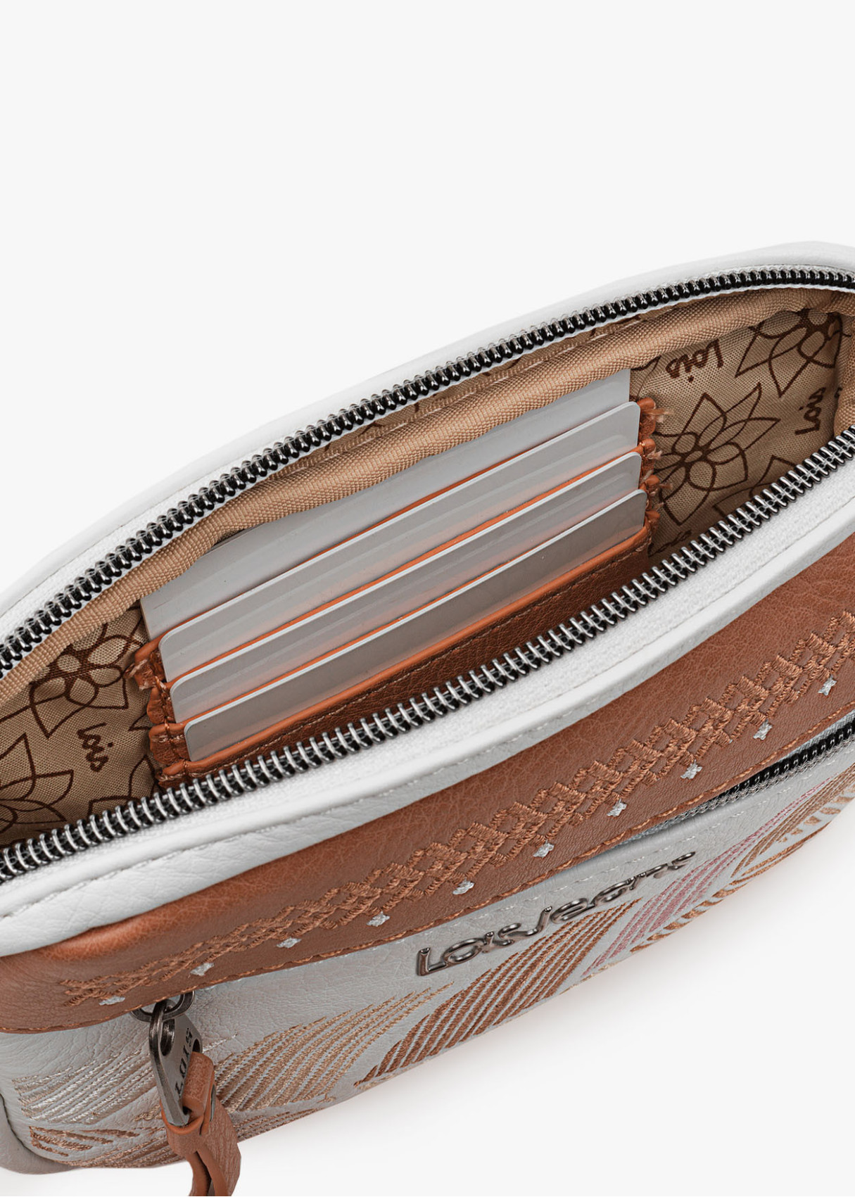 Bolso bandolera estampado bordado bolsillo frontal cremallera blanco