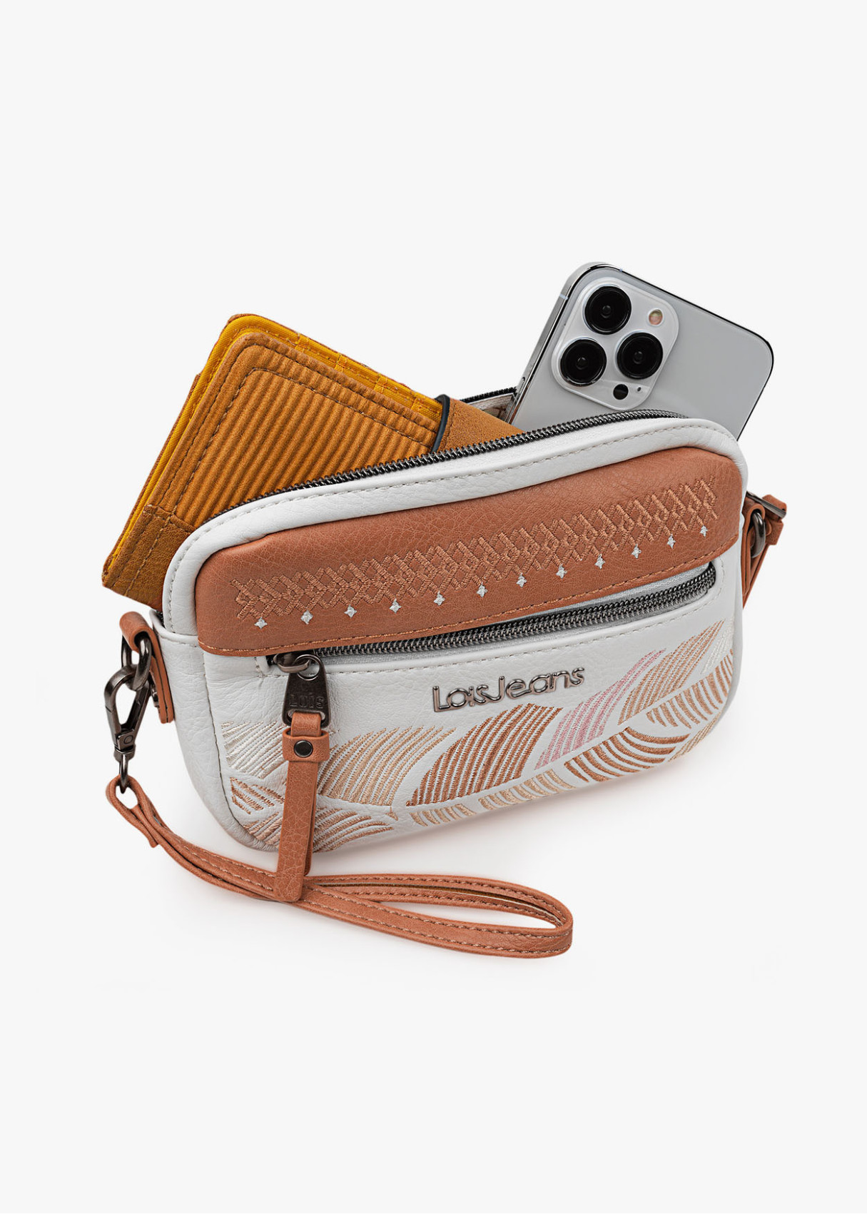 Bolso bandolera estampado bordado bolsillo frontal cremallera blanco