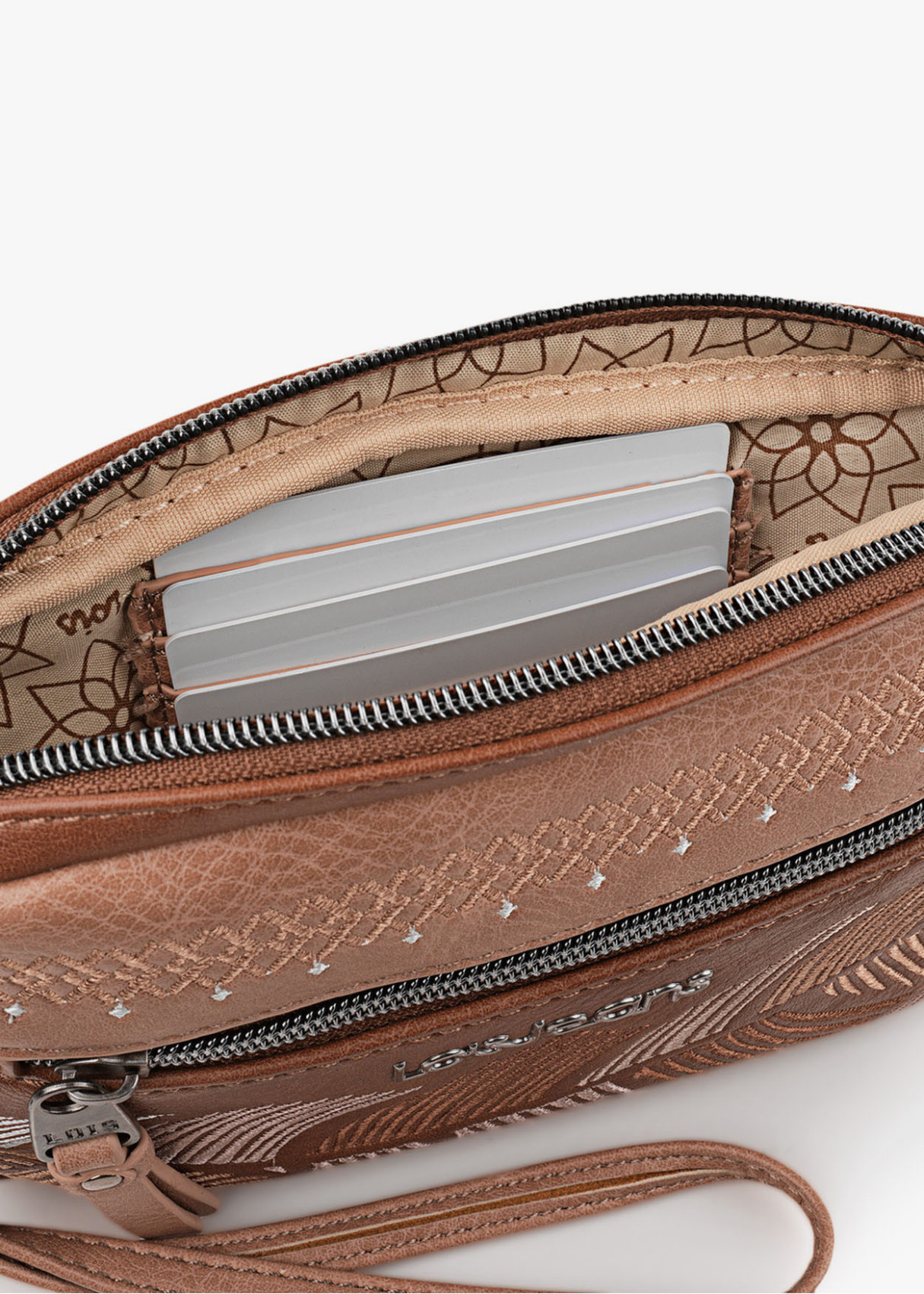 Bolso bandolera estampado bordado bolsillo frontal cremallera cuero