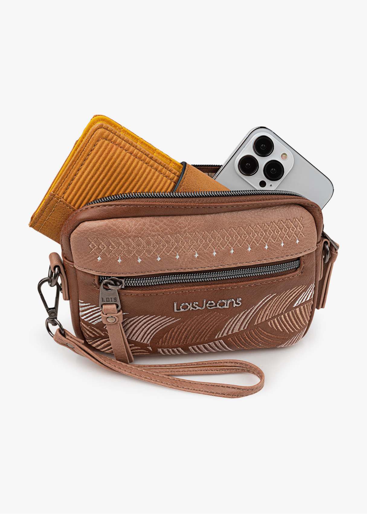 Bolso bandolera estampado bordado bolsillo frontal cremallera cuero