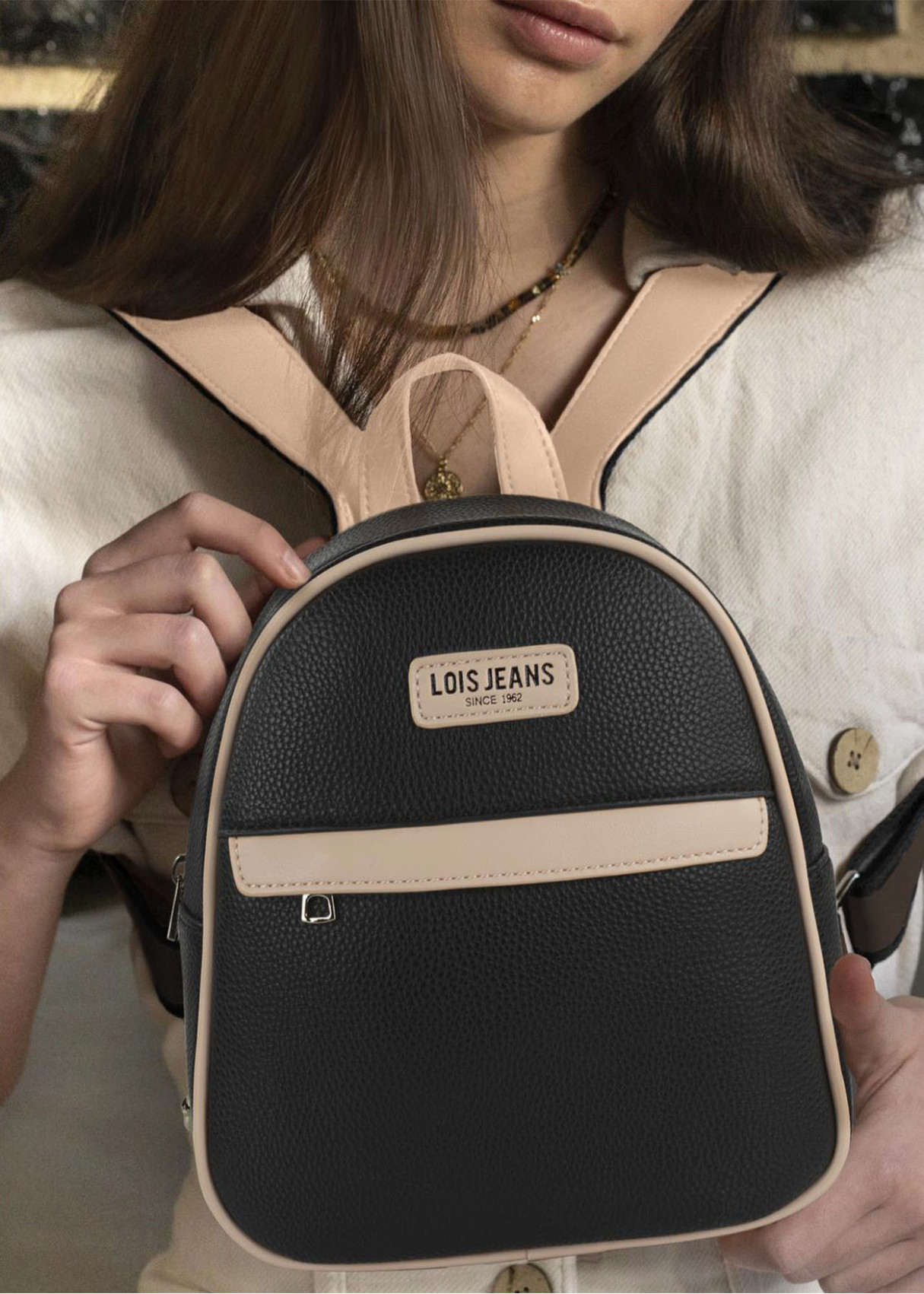 Mochila Casual bicolor bolsillo frontal cremallera negra