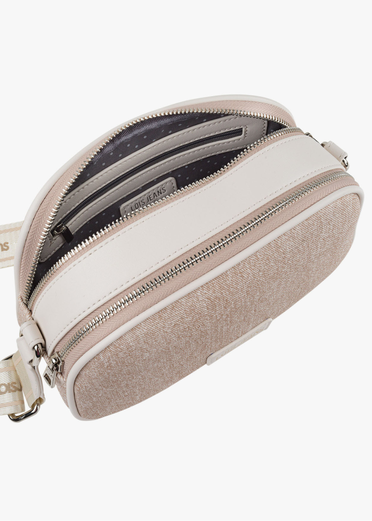 Bandolera ajustable logo frontal bolsillo trasero beige