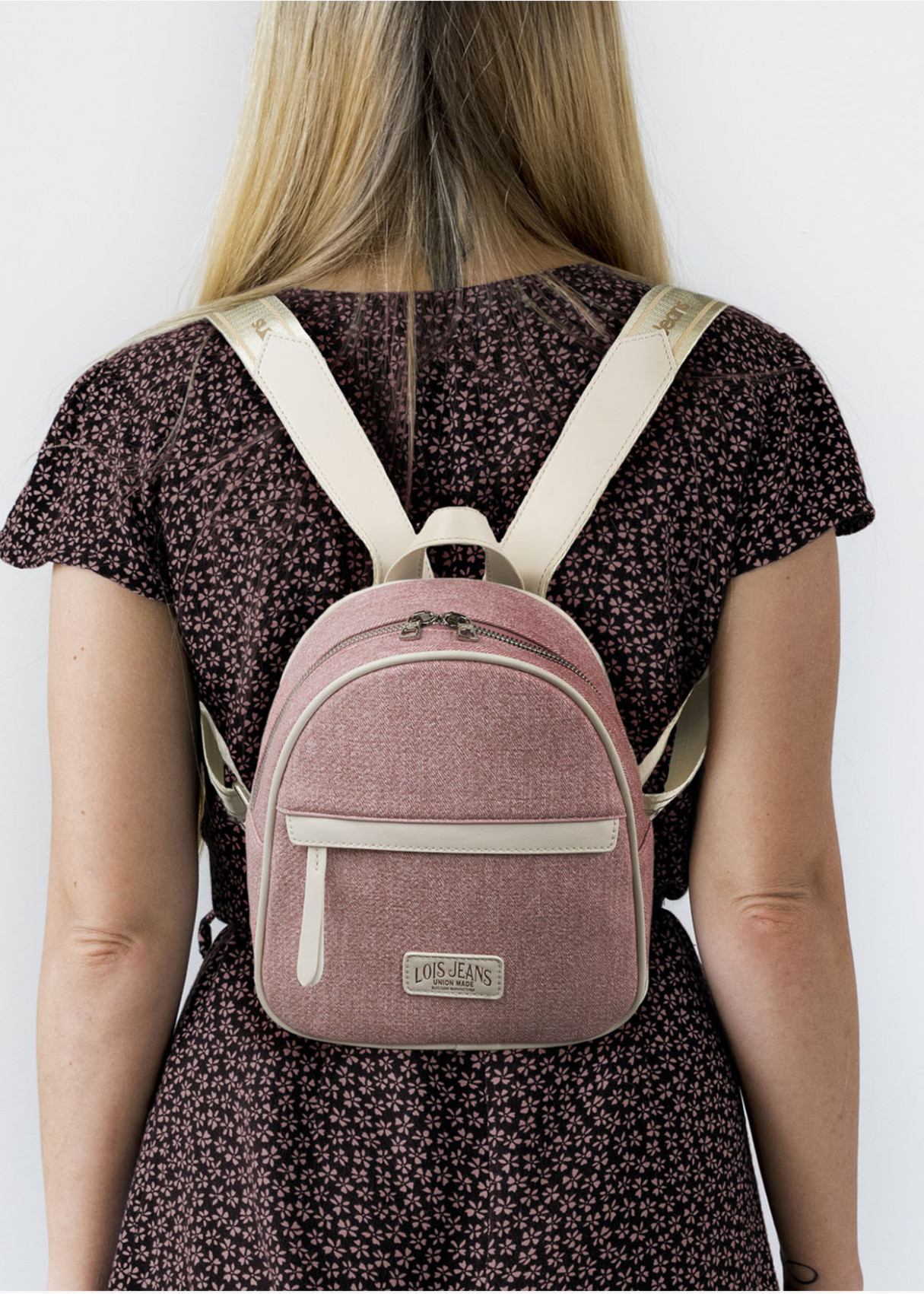 Mochila ajustable antirrobo bolsillo frontal cremallera rosa