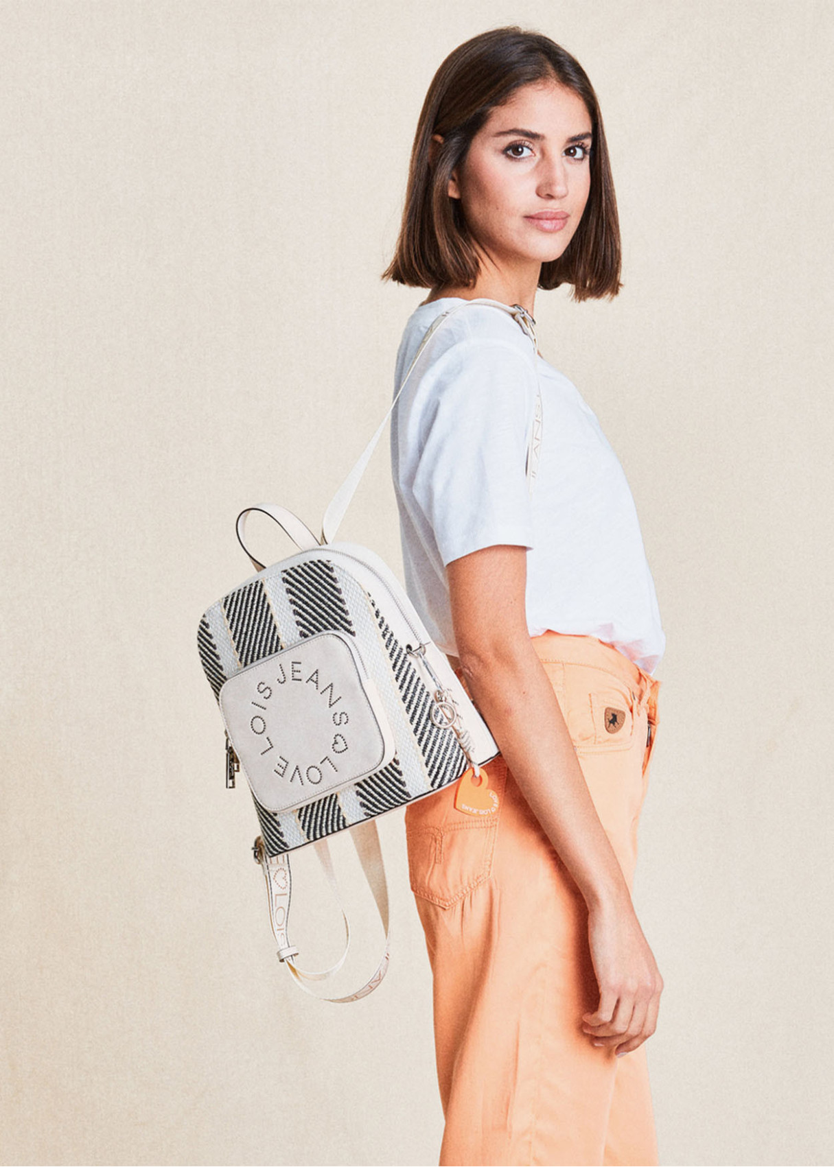 Mochila antirrobo impermeable estampado rayas Lois Love beige