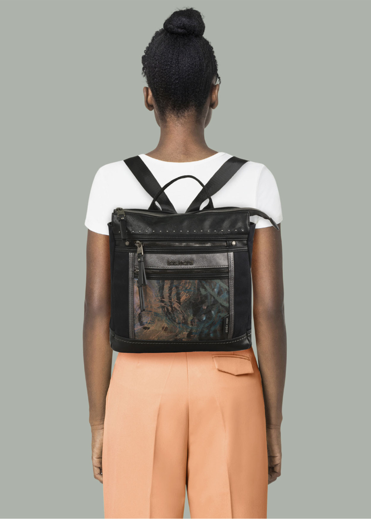 Mochila ajustable antirrobo estampado frontal con cremalleras negra