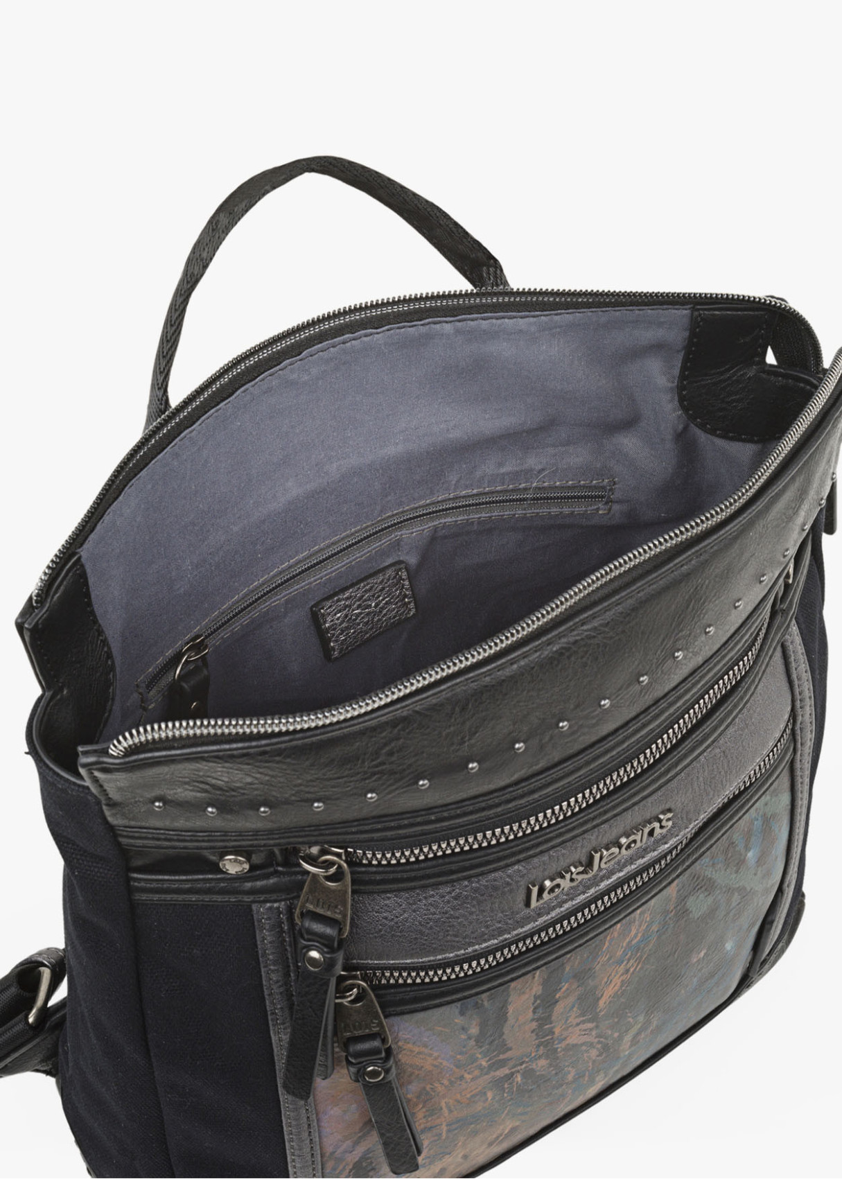 Mochila ajustable antirrobo estampado frontal con cremalleras negra