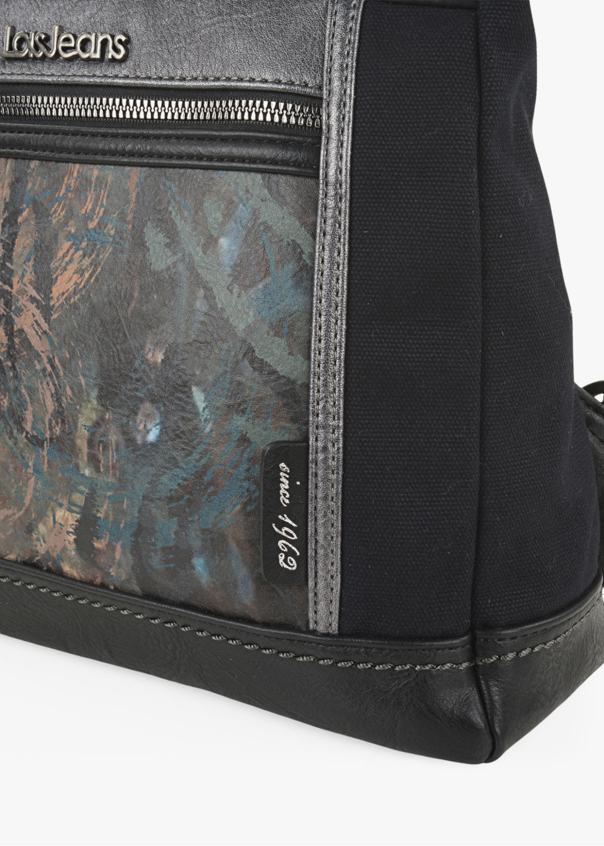 Mochila ajustable antirrobo estampado frontal con cremalleras negra
