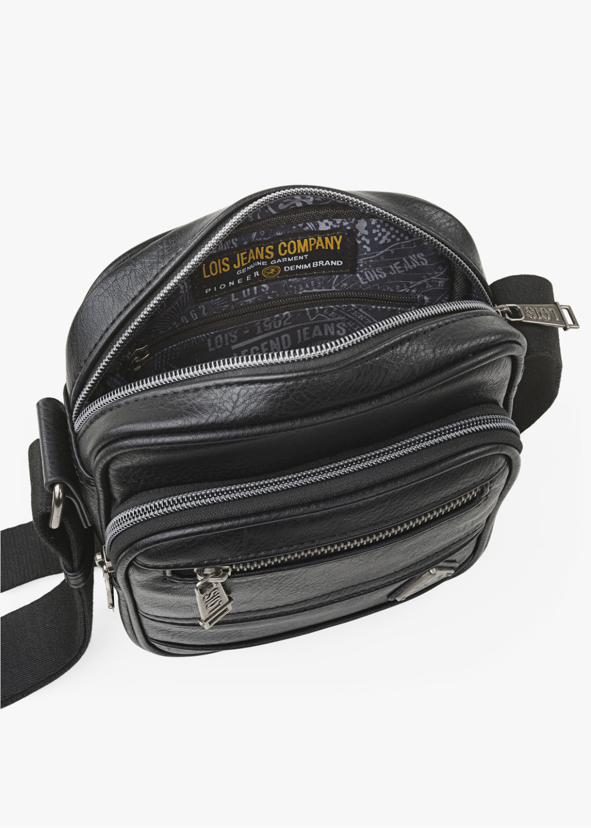 Bandolera Ajustable pequeña bolsillo frontal logo metálico negra