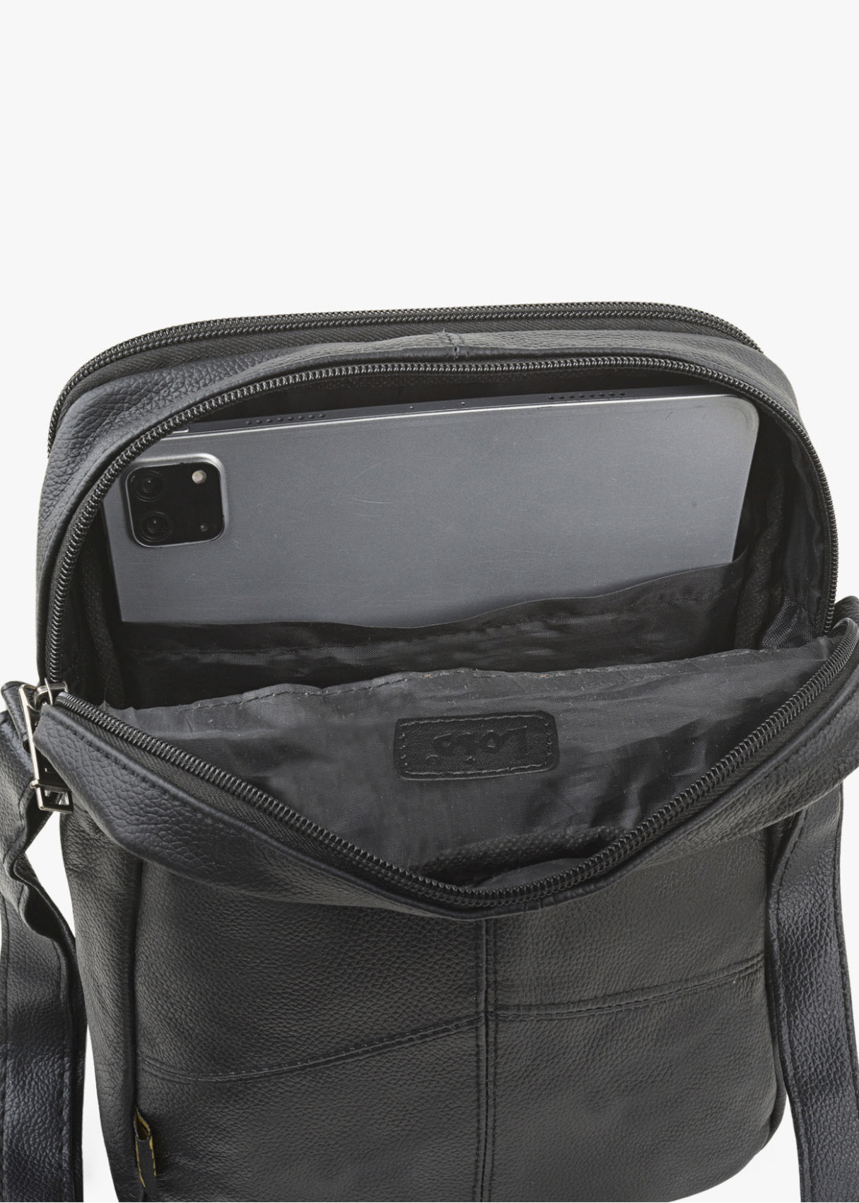Bandolera ajustable porta tablet bolsillos ocultos cremallera negra