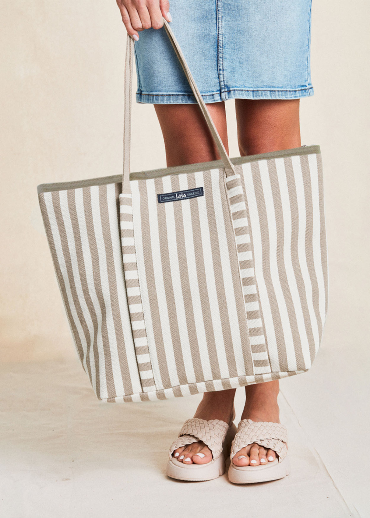 Bolso Playa Grande cremallera rayas taupe