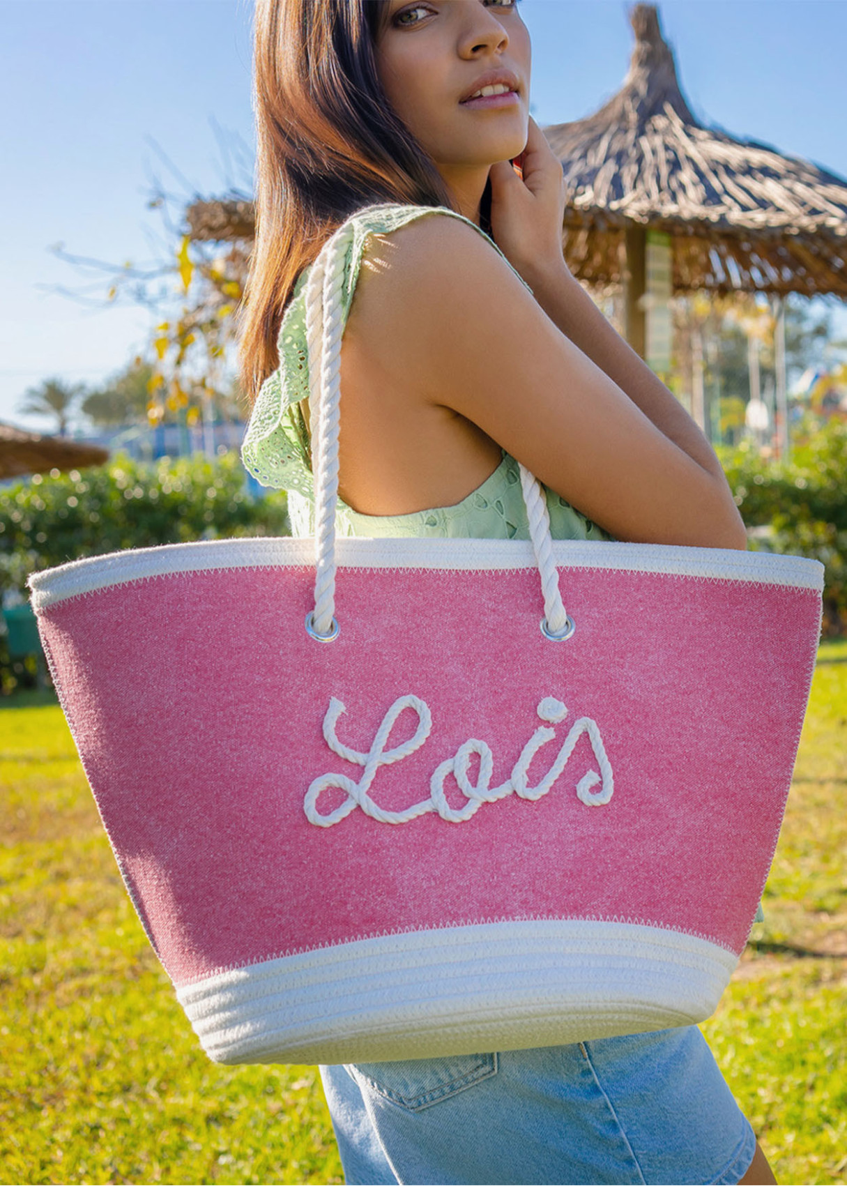 Bolsa Playa cremallera logo bordado rosa