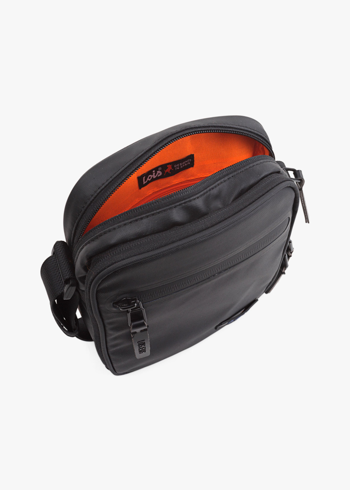 Bandolera ajustable con multiples compartimentos bicolor negra