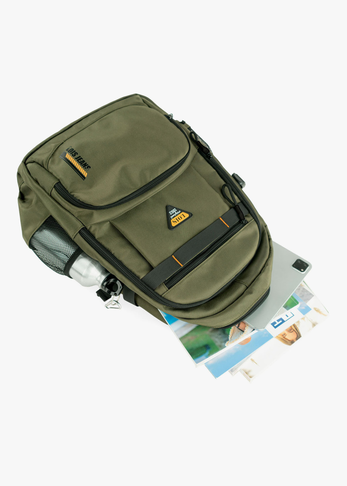 Mochila casual multifuncional bolsillos caqui