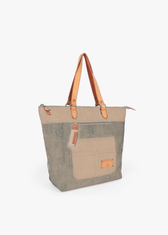 Bolso Shopper efecto denim doble asa beige