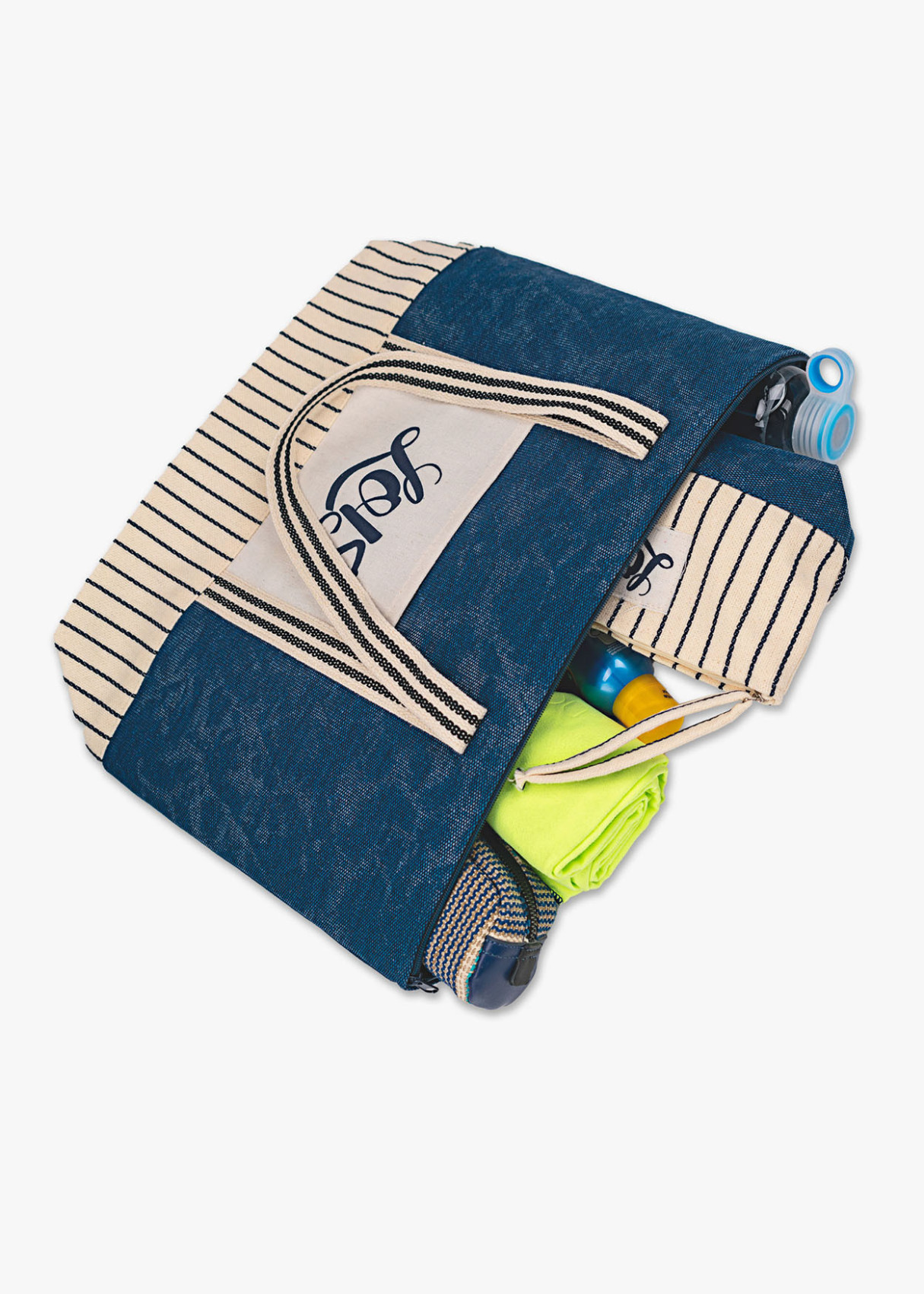 Bolso Playa rayas con neceser azul