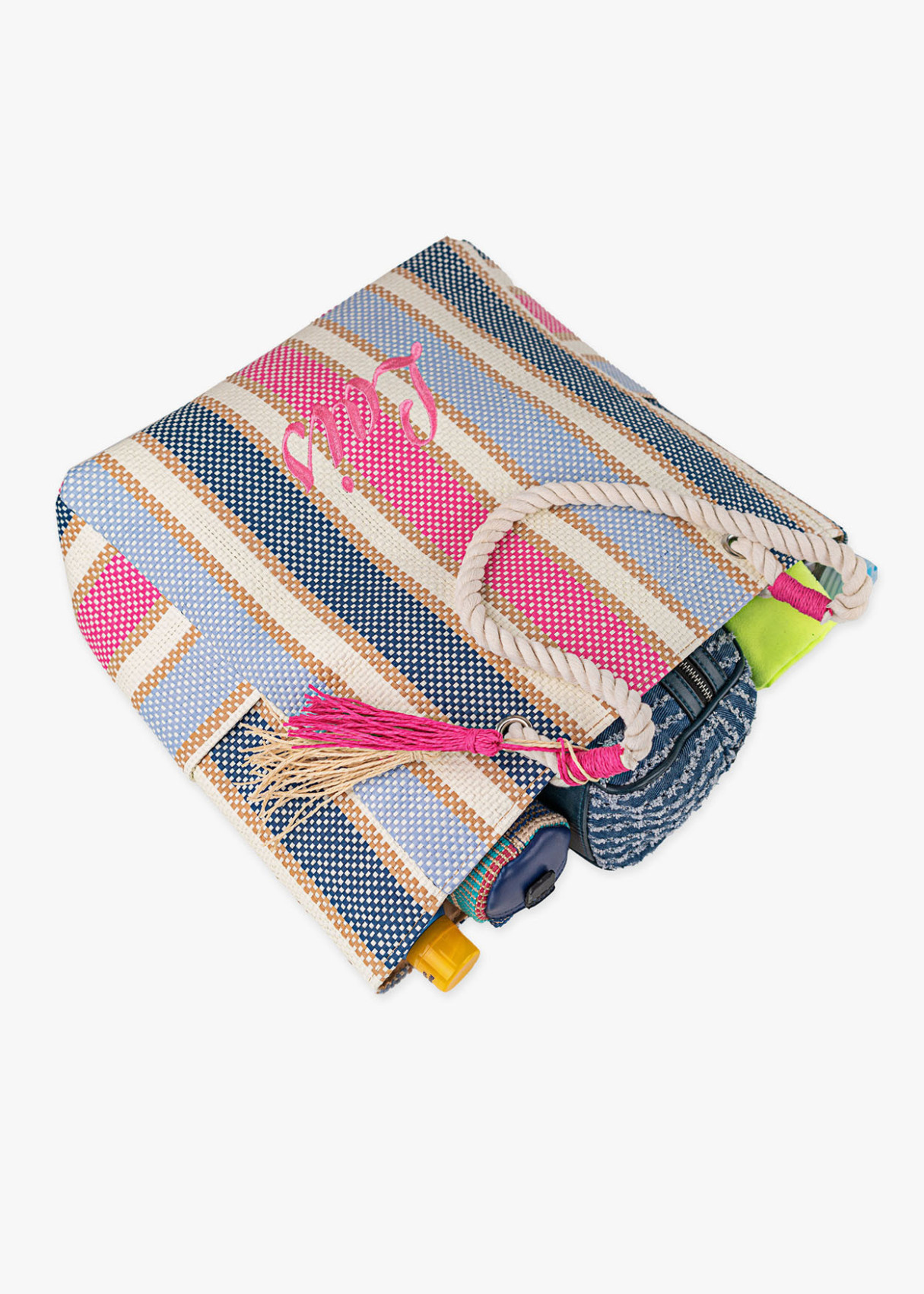 Bolso de Playa grande asas de cuerda a rayas multicolor