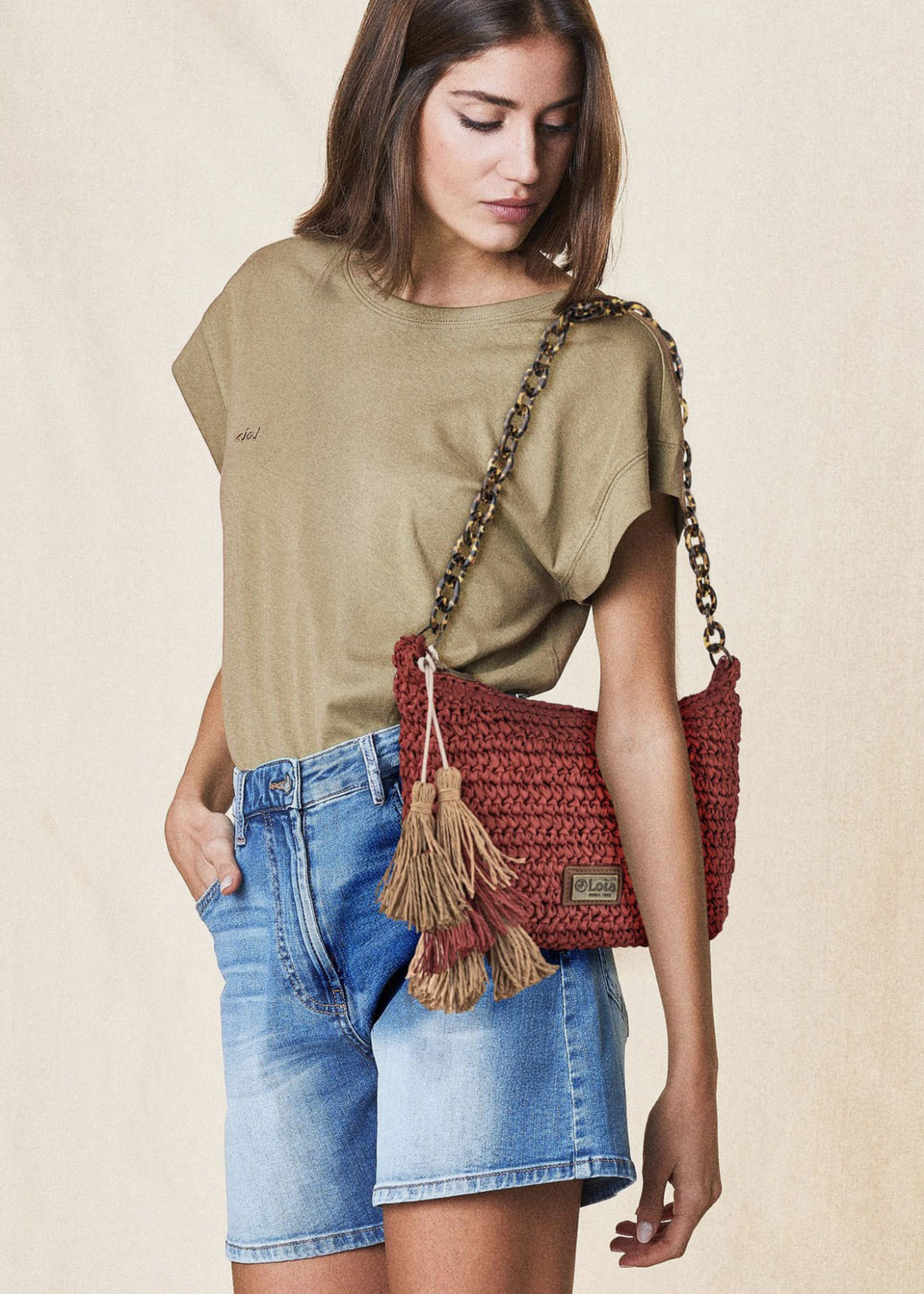Bolso Rafia cadena carey Rojo