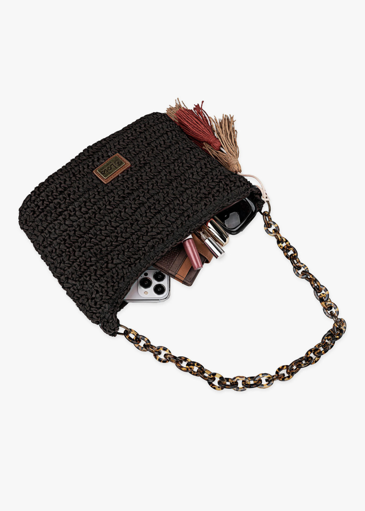 Bolso Rafia Con asa cadena en carey Negro
