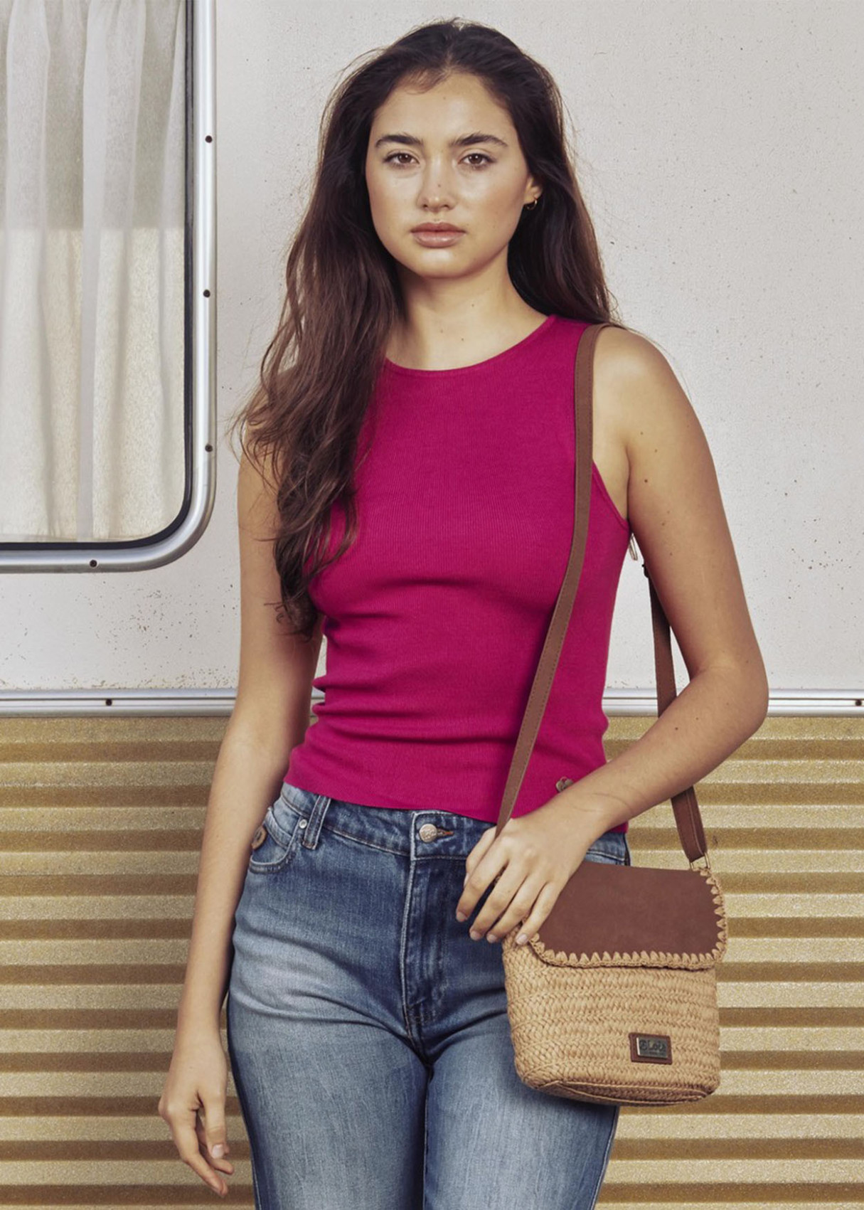 Bolso Bandolera Rafia solapa marrón