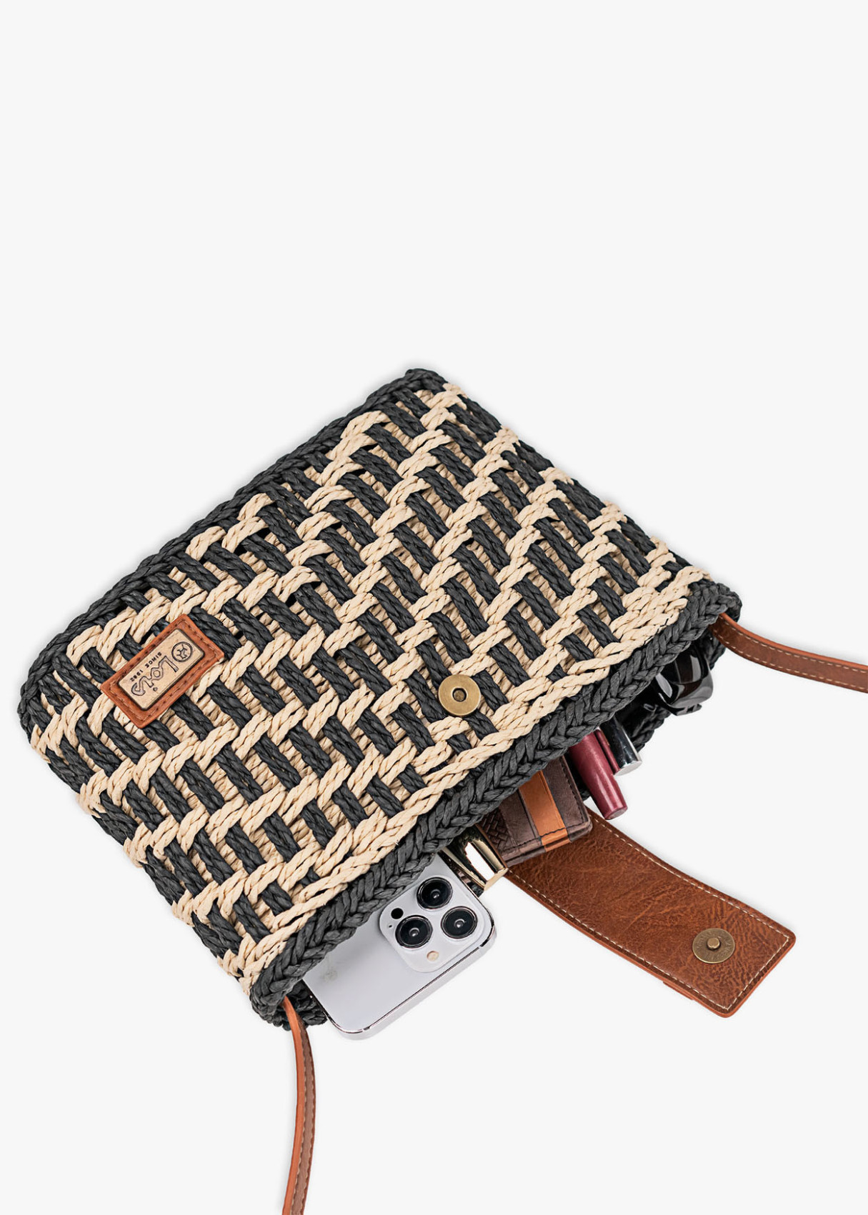 Bolso bandolera rafia trenzada negro