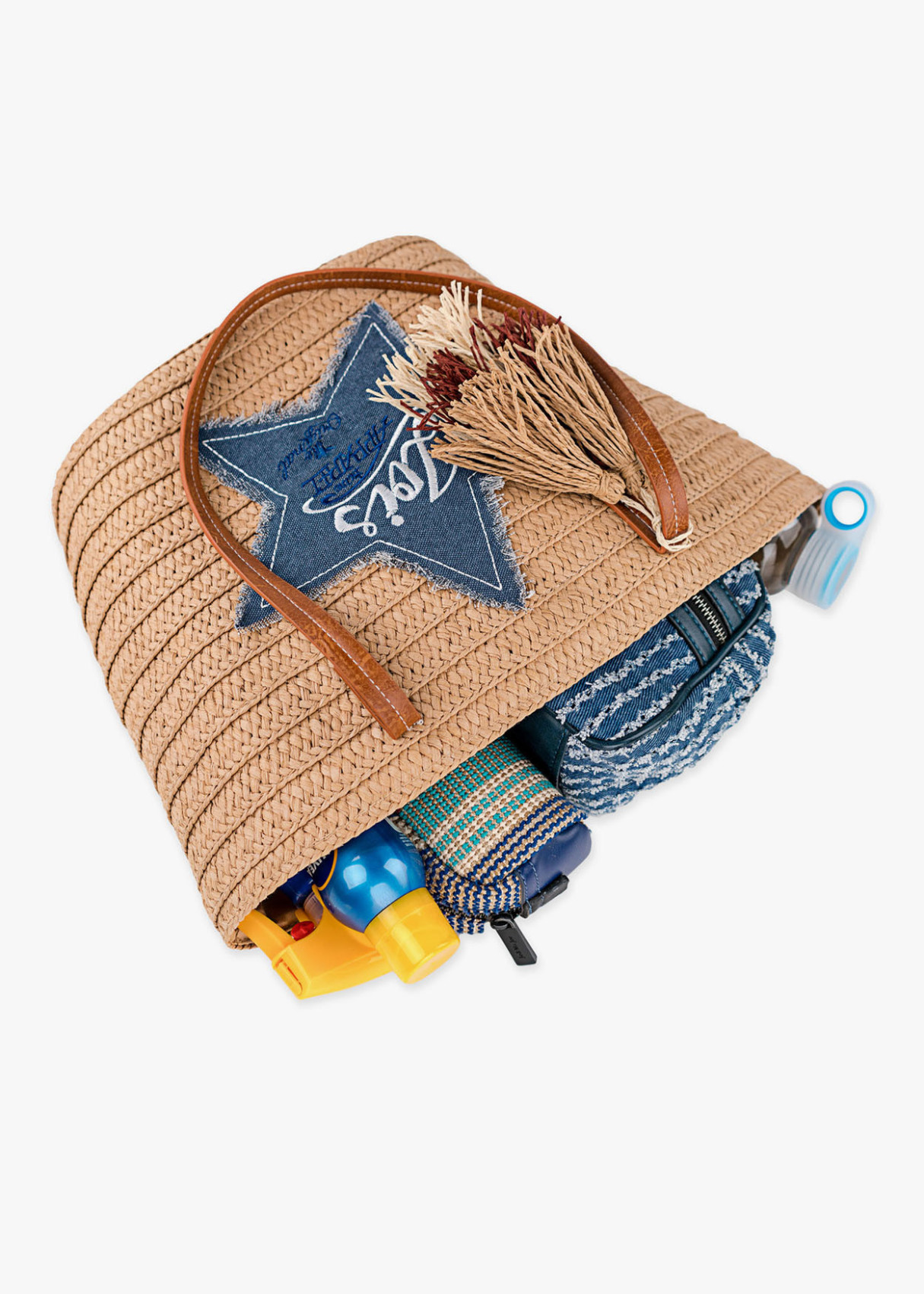 Bolso Playa capazo rafia estrella denim beige