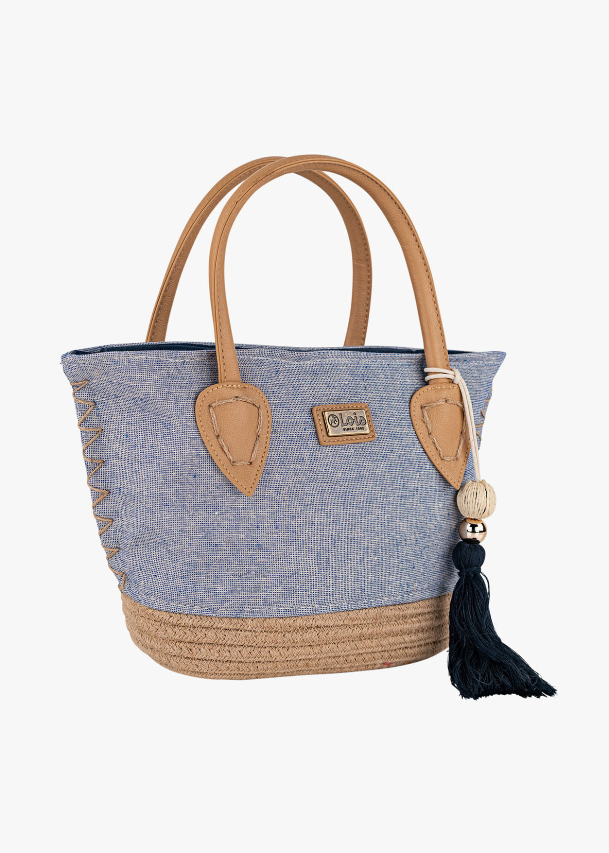 Bolso Playa pequeño lona detalle borla azul
