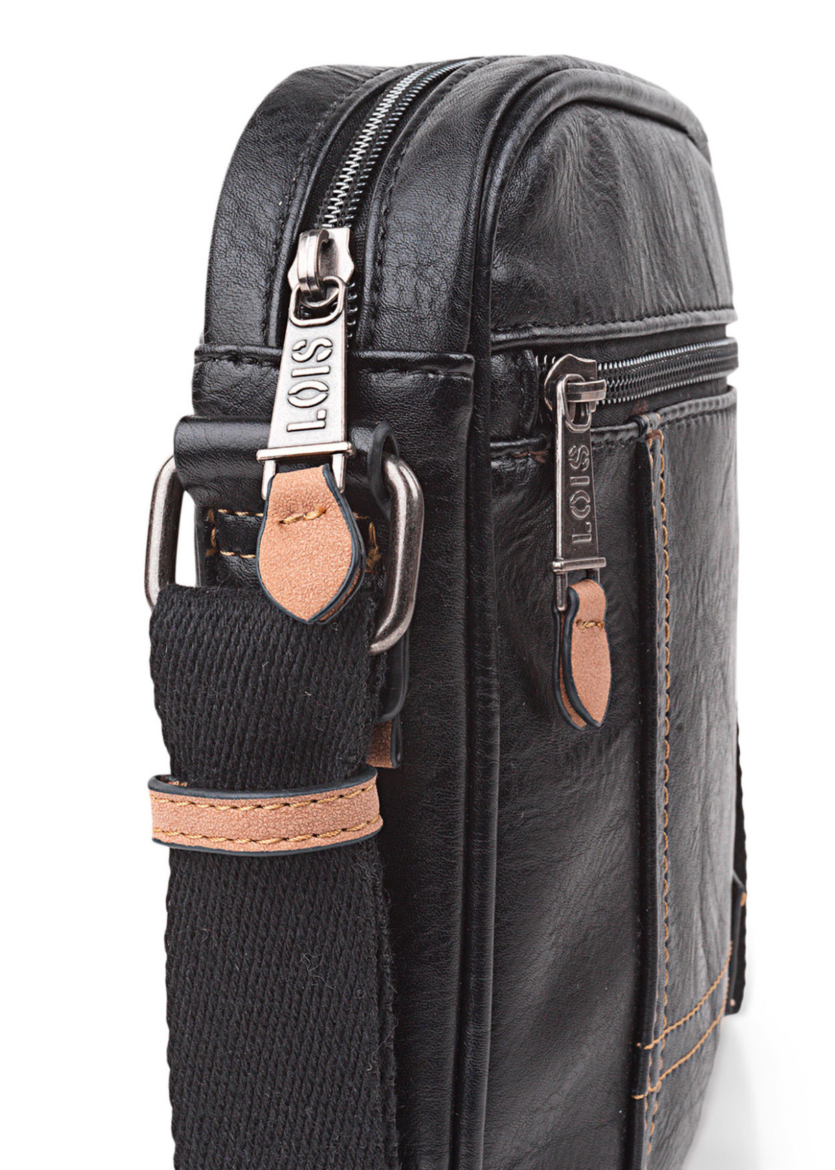 Bandolera ajustable con bolsillo de cremallera y costuras a contraste negra